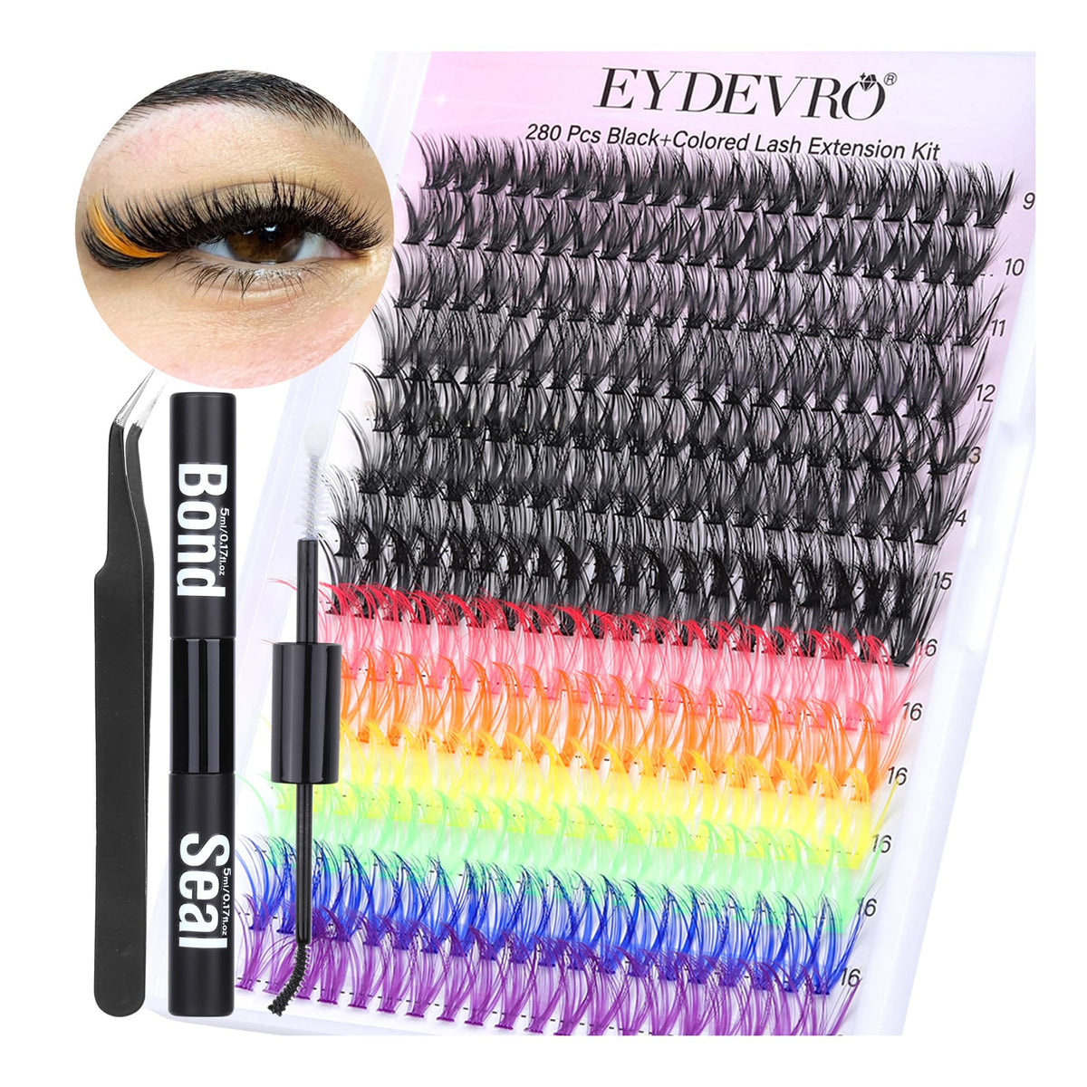 EYDEVRO lash extension kit with colorful clusters for festival looks and vivid style.