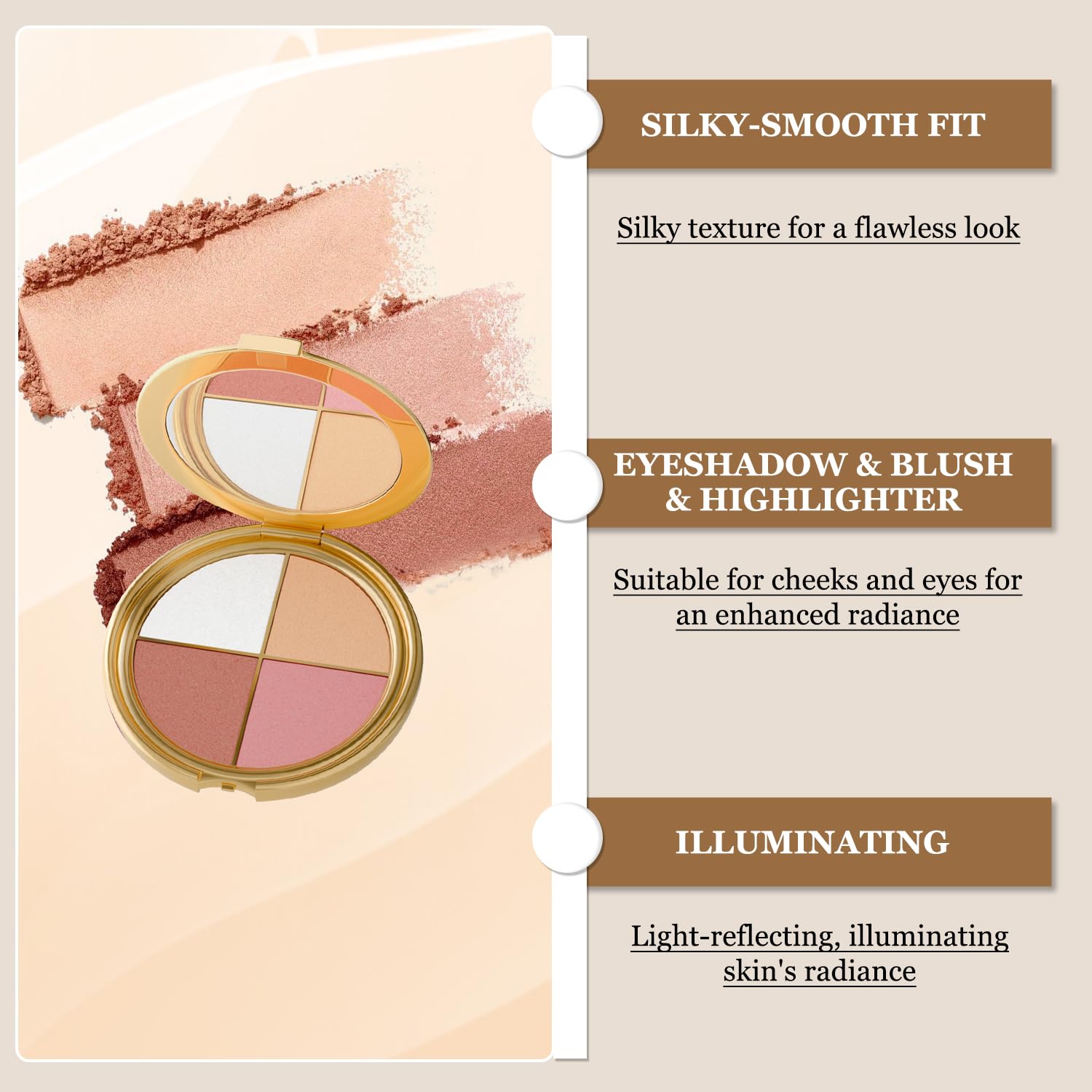 Eye & Cheek Palette matte-shadows provide crease definition with silky-soft blend.