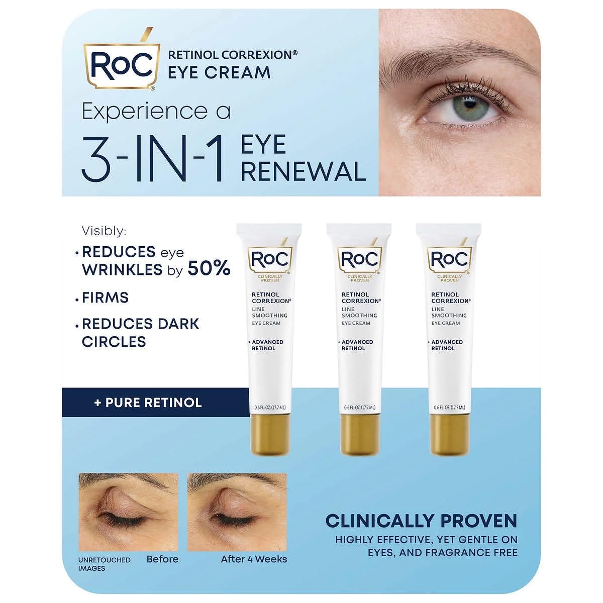 Eye See RoC Line Smoothing Eye Cream bottle closeup for smoother under-eye appearance.