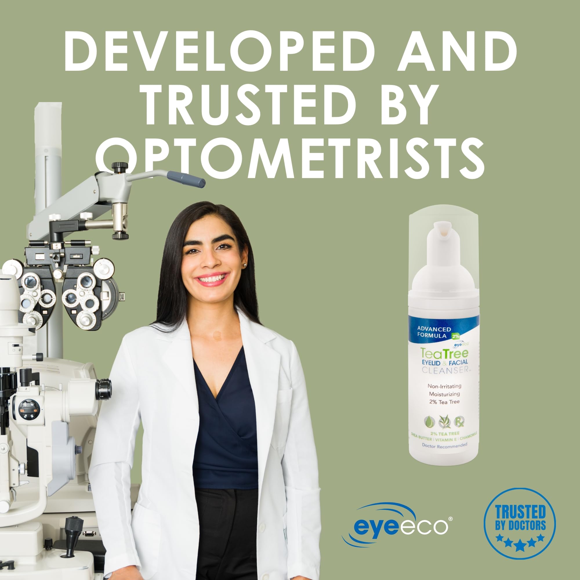 EyeEco tea tree cleanser closeup bottle label emphasizes active 2% tea tree oil.
