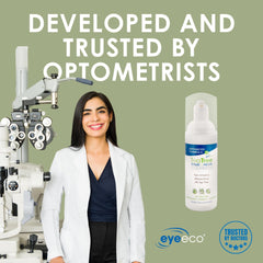 EyeEco tea tree cleanser closeup bottle label emphasizes active 2% tea tree oil.