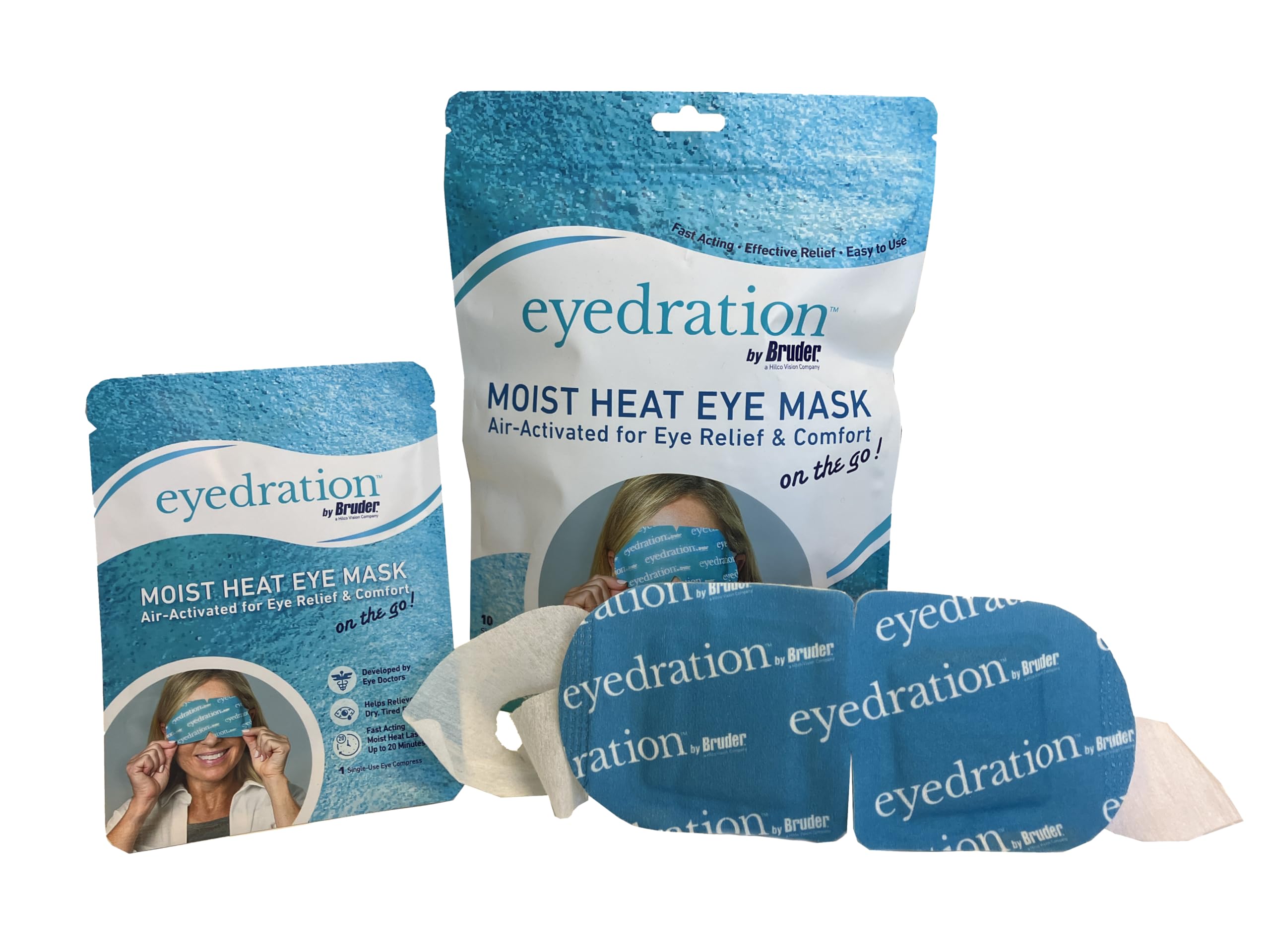 Eyedration self-heating eye mask on eyelids delivering soothing warmth.