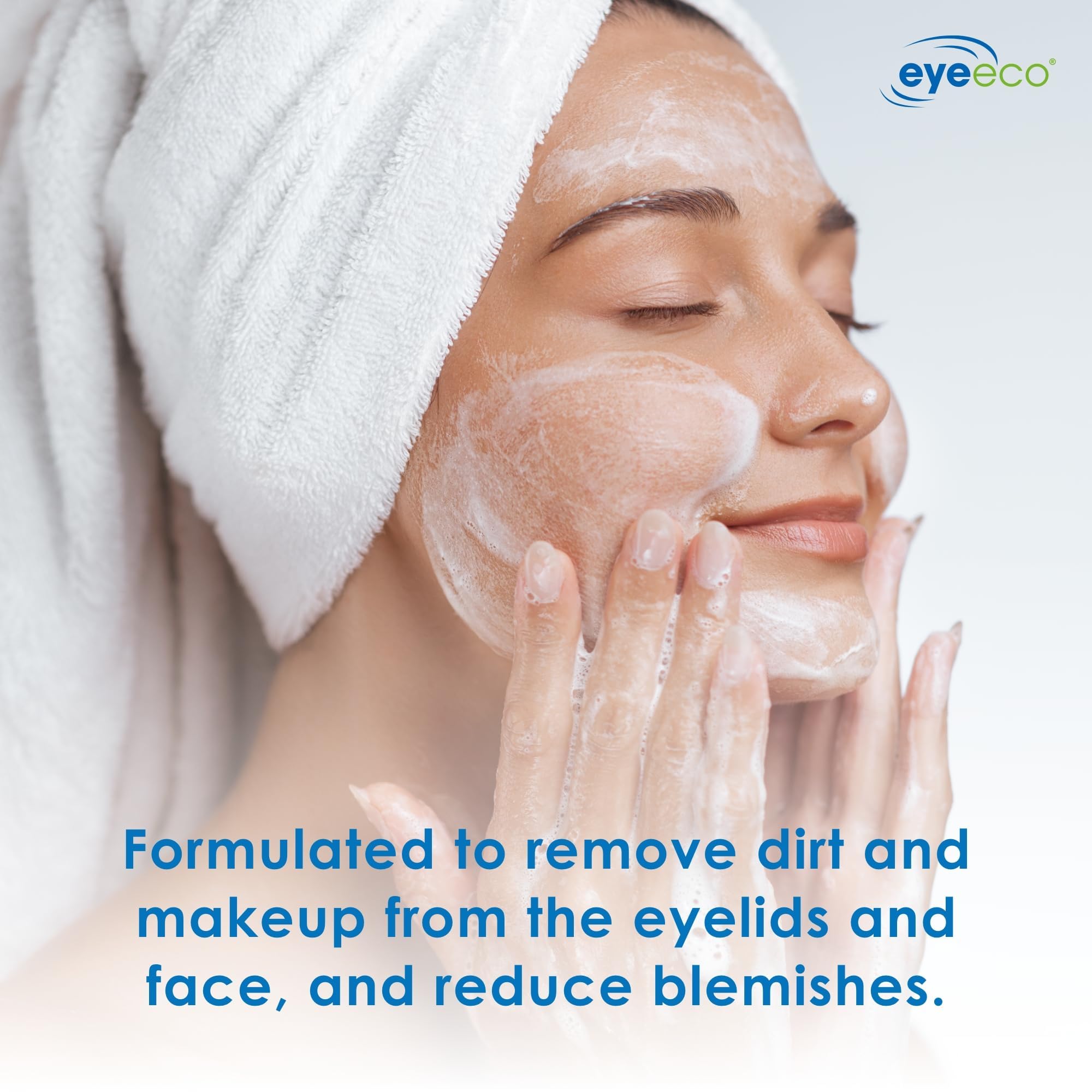EyeEco tea tree cleanser application on eyelid demonstrates gentle cleansing.