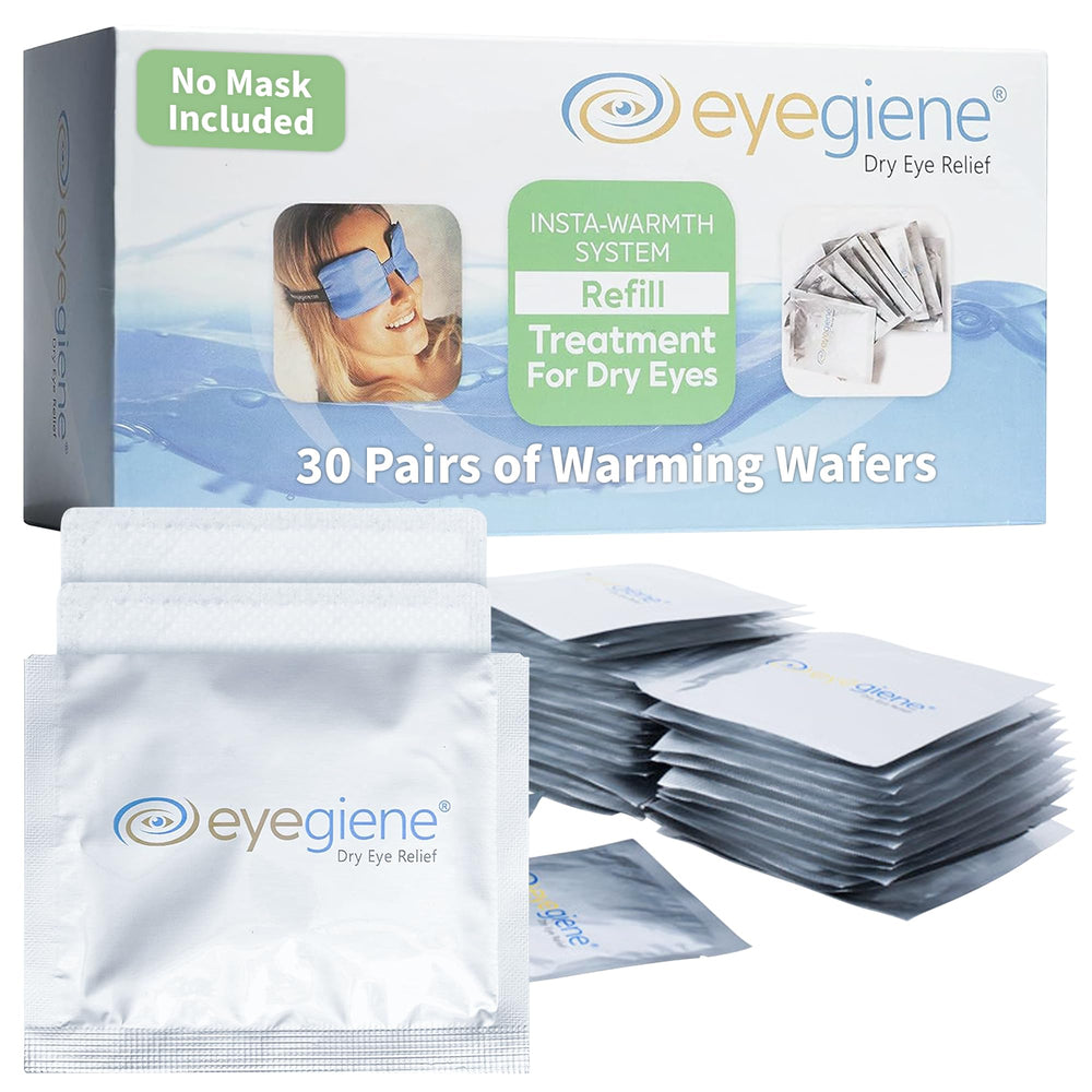 EyeGiene Insta-Warming Wafers refill pack front for on-demand warmth during eye care.