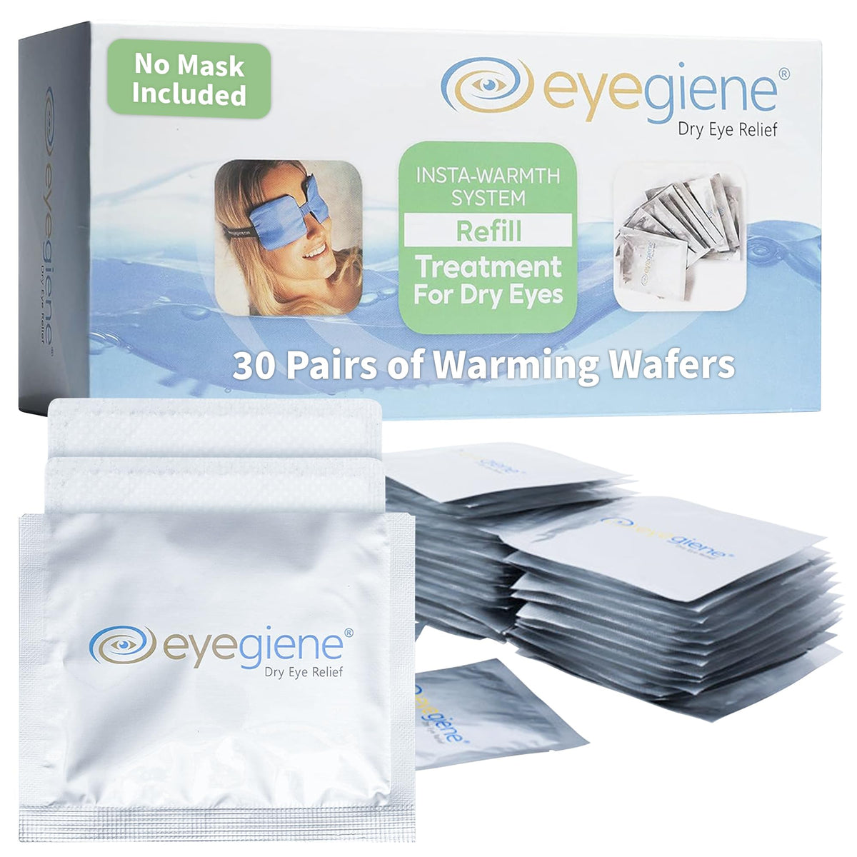 EyeGiene Insta-Warming Wafers refill pack front for on-demand warmth during eye care.