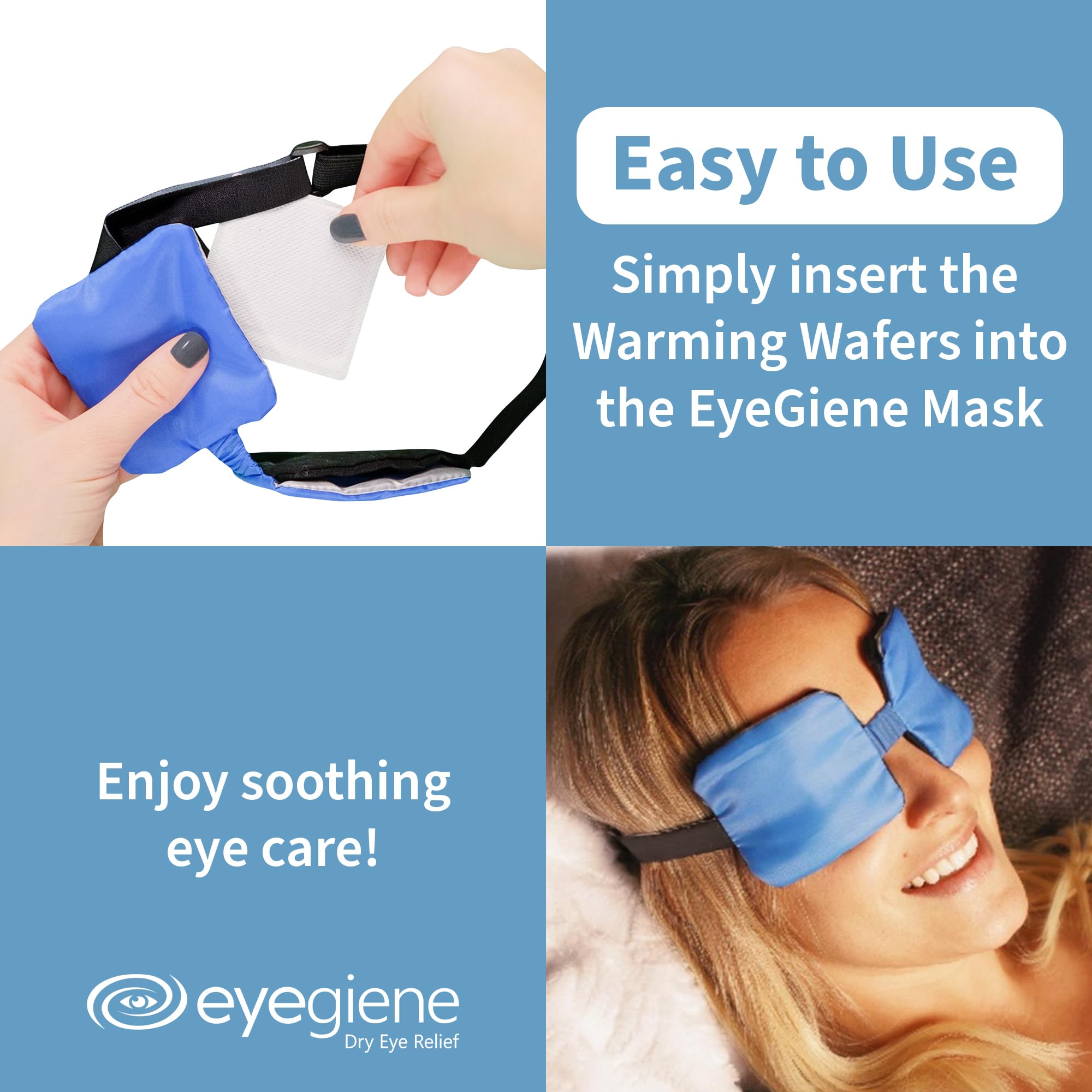 EyeGiene wafers 15-minute warmth illustration highlighting long-lasting comfort for tired eyes.