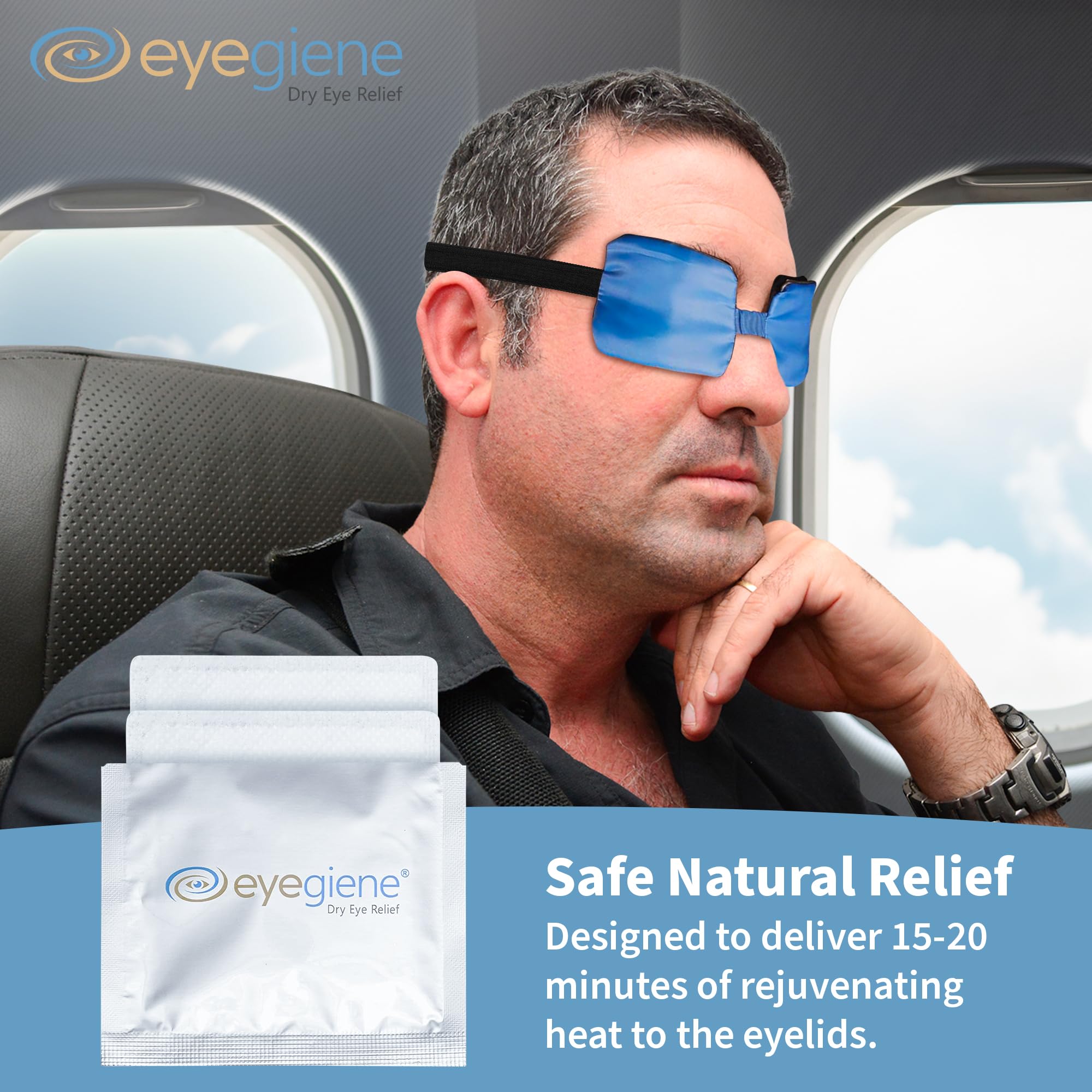 EyeGiene warming wafers used with EyeGiene mask for portable comfort on the go.