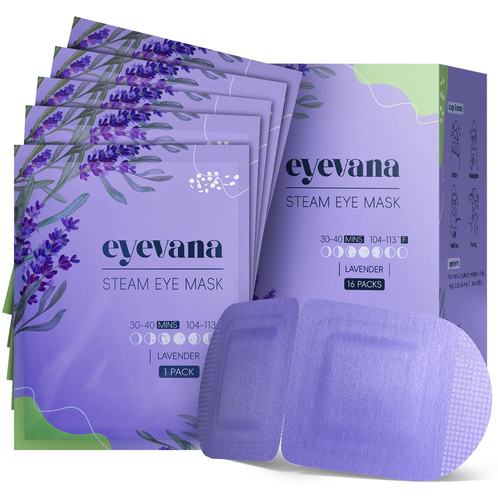Eyevana steam eye mask 16-pack packaging with lavender delivers calming warmth for daily refresh.
