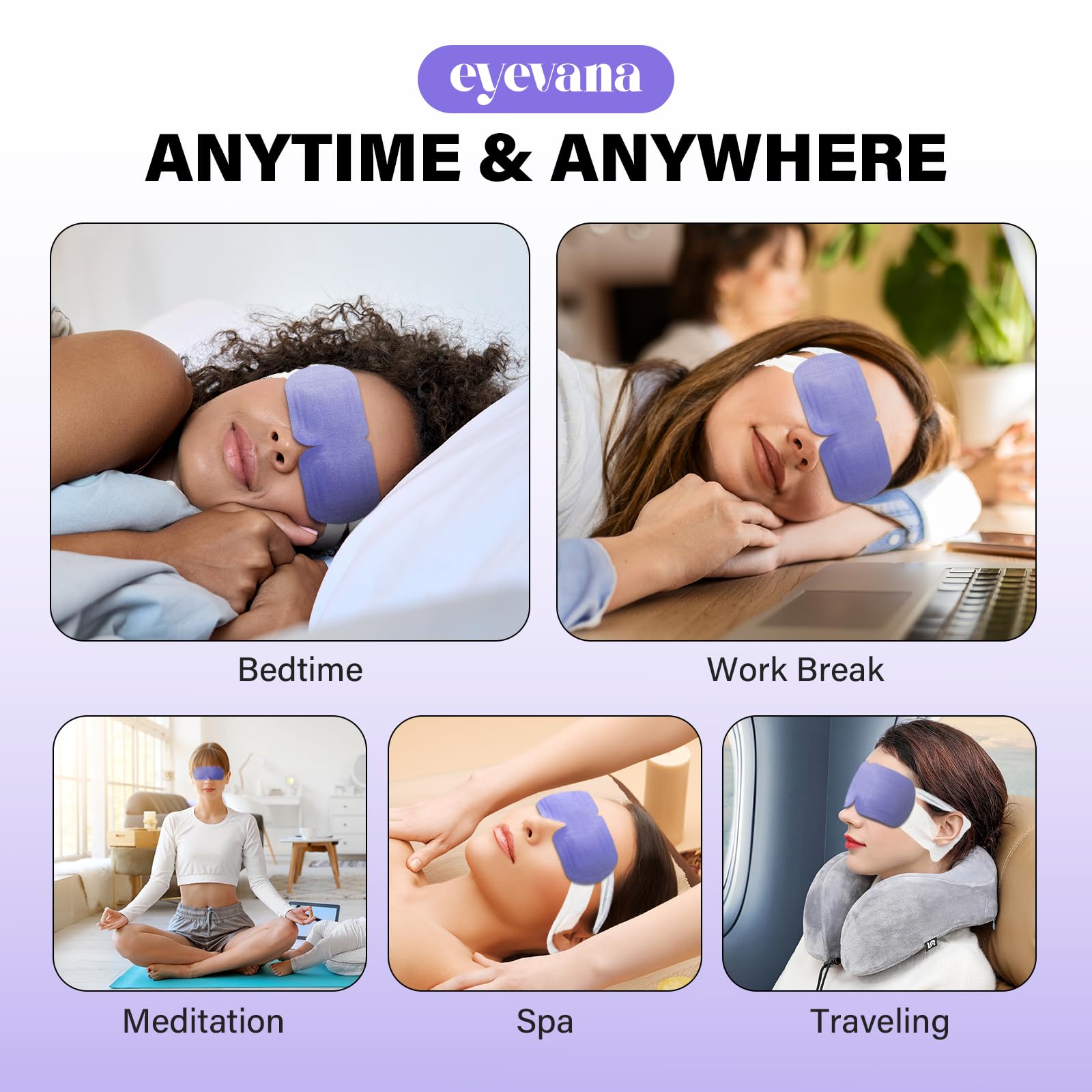 Eyevana dry eye relief benefits shown for dryness and eye strain scenarios.
