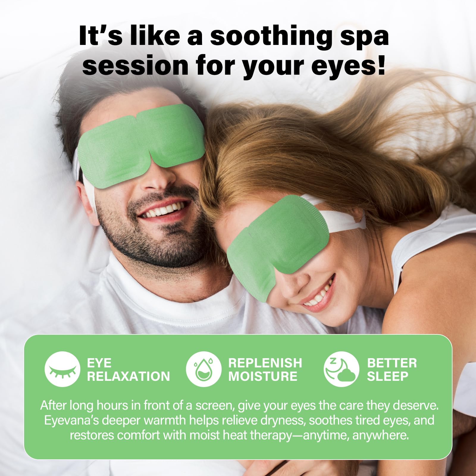 Eyevana steam eye mask on eye delivers soothing warmth for tired eyes.