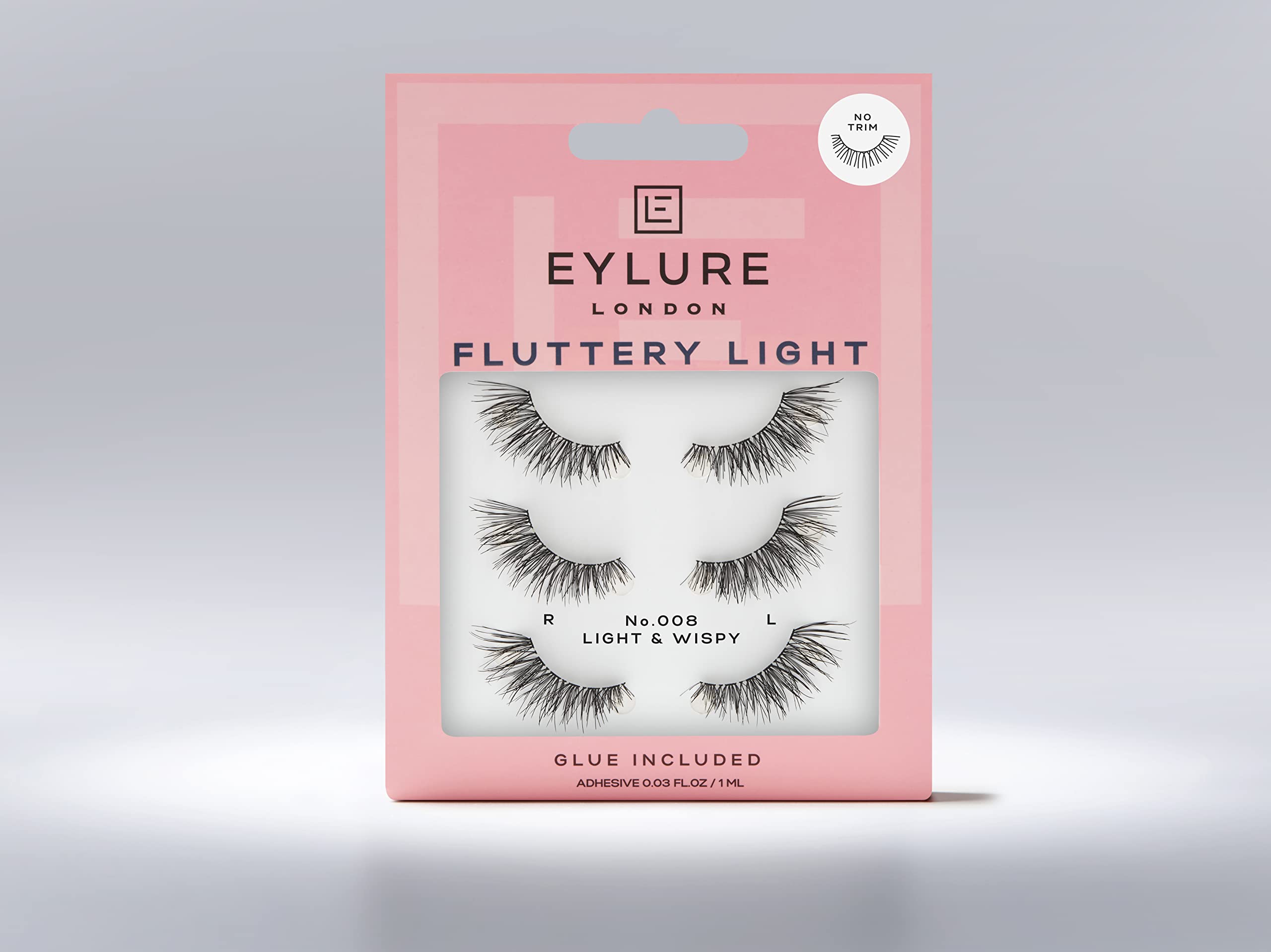 Eylure Fluttery Light 008 with latex-free glue enables easy, secure wear.