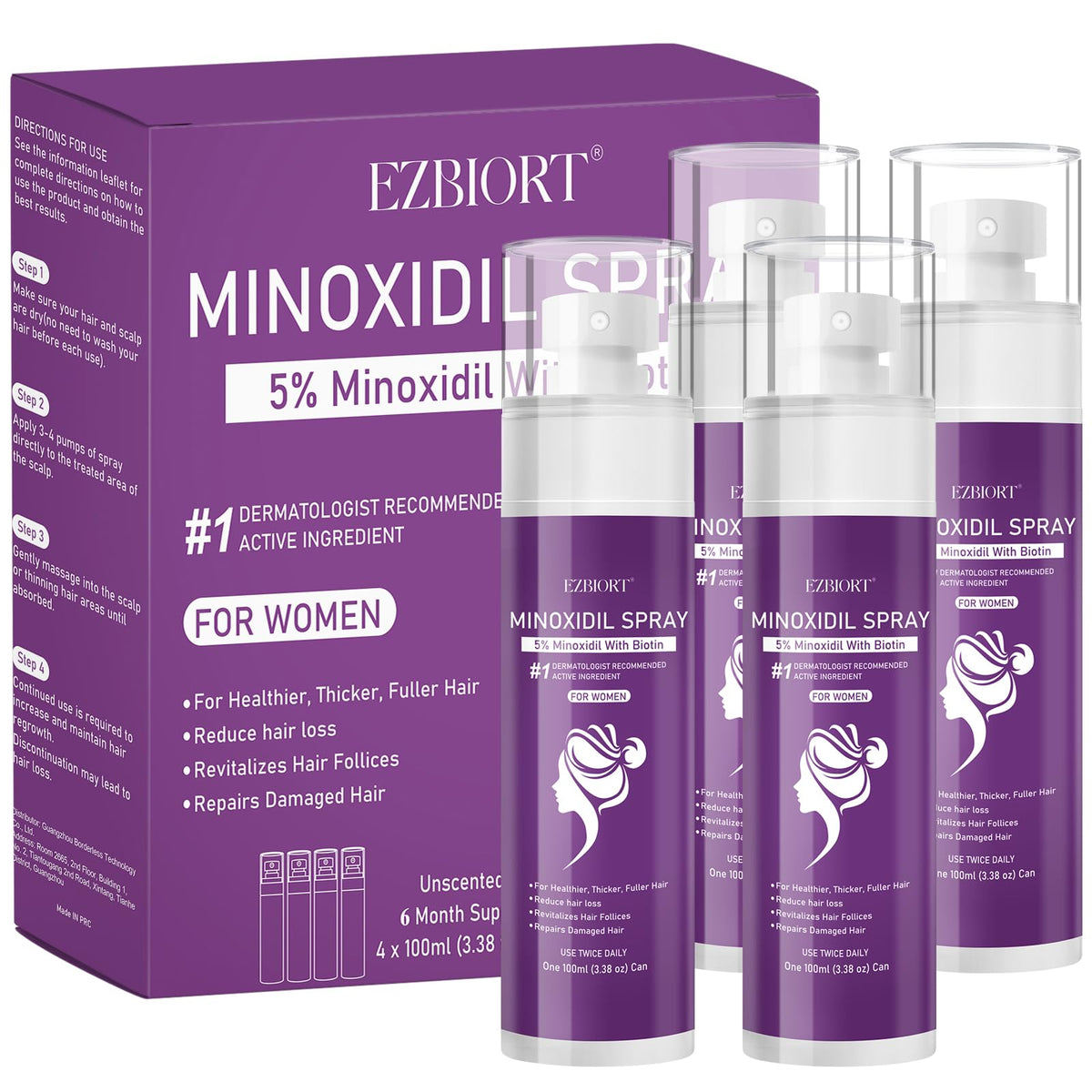 EZBIORT minoxidil 5% women biotin packaging with seven months supply