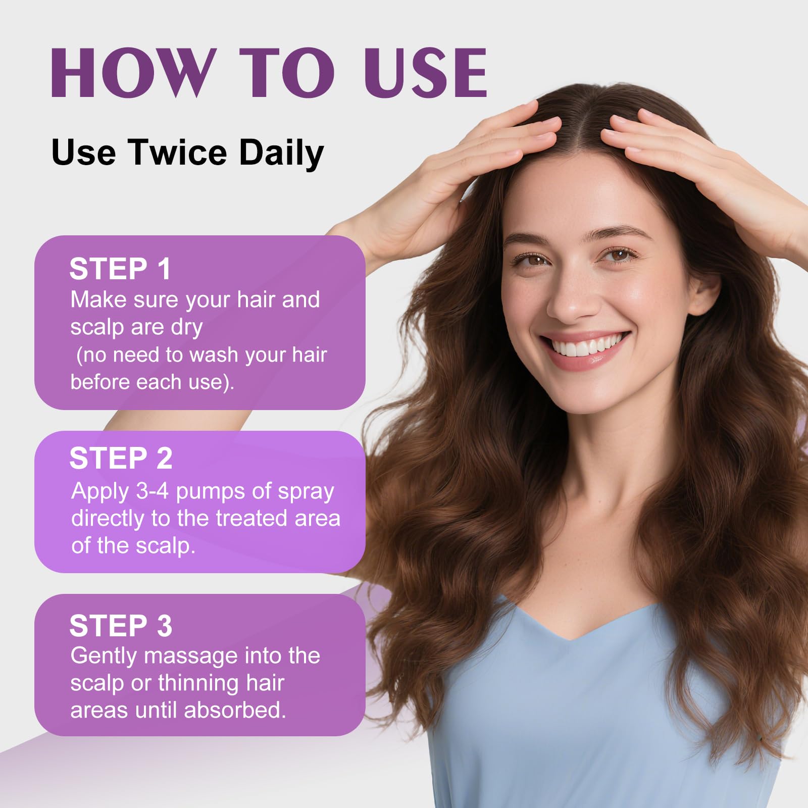 Lightweight, quick-drying spray on a dry scalp for daily use