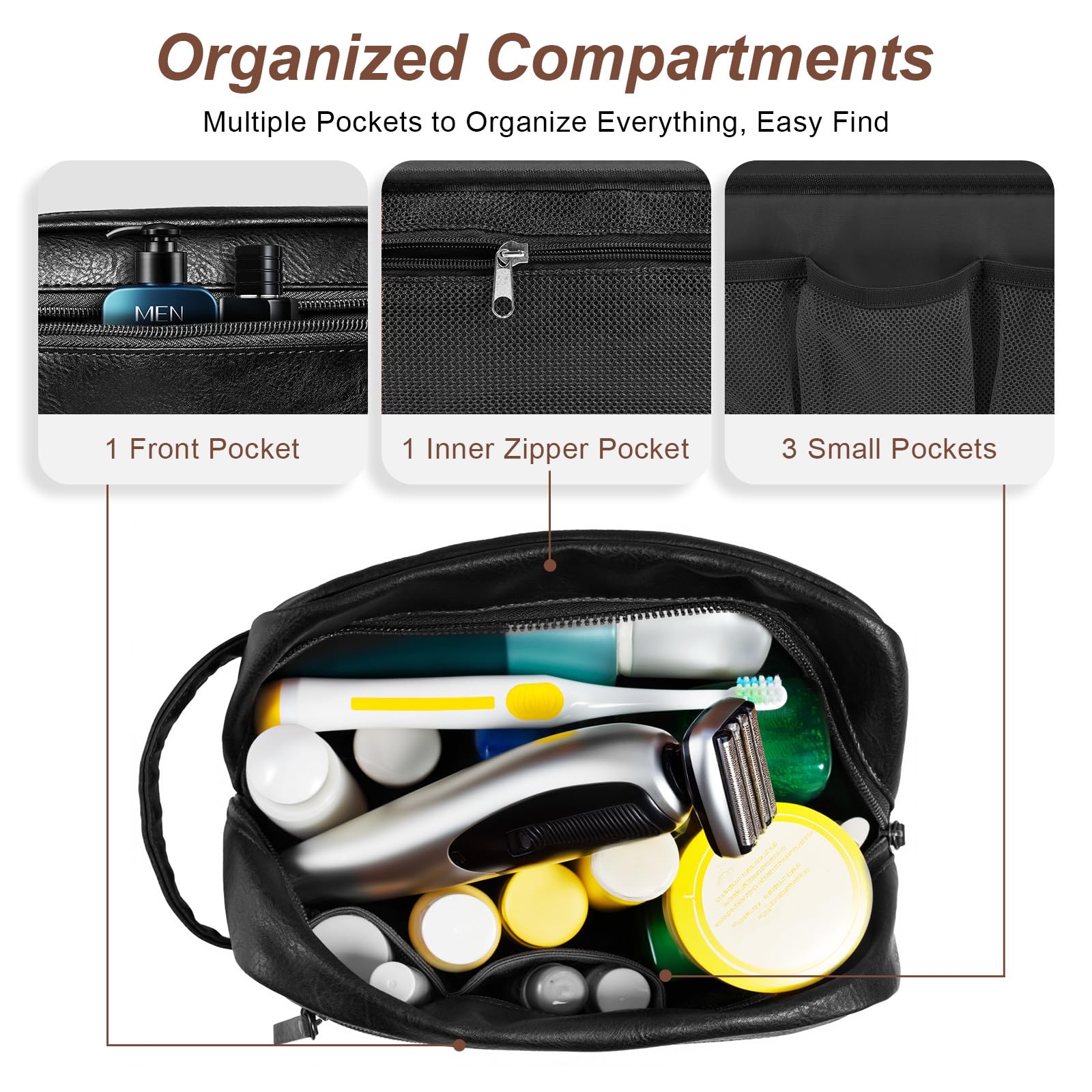 Ezday travel toiletry bag open compartment shows spacious main space for shaving kit.