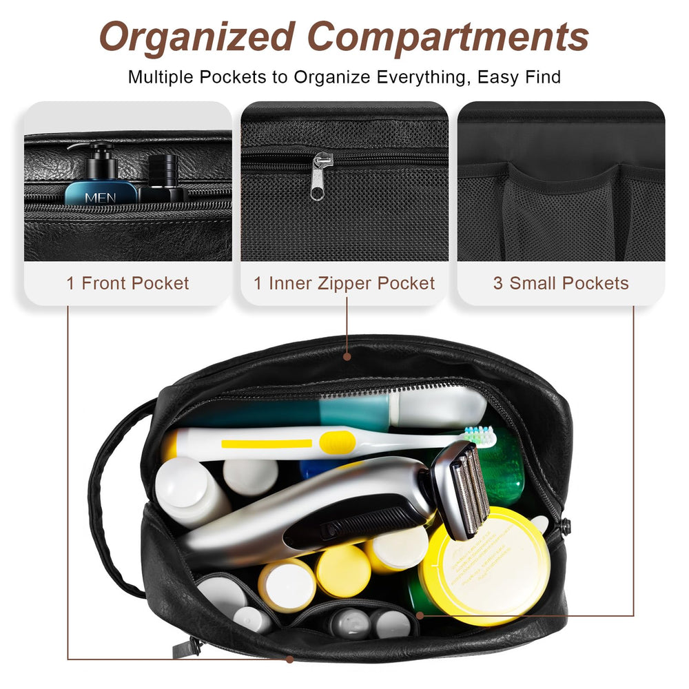 Ezday travel toiletry bag open compartment shows spacious main space for shaving kit.