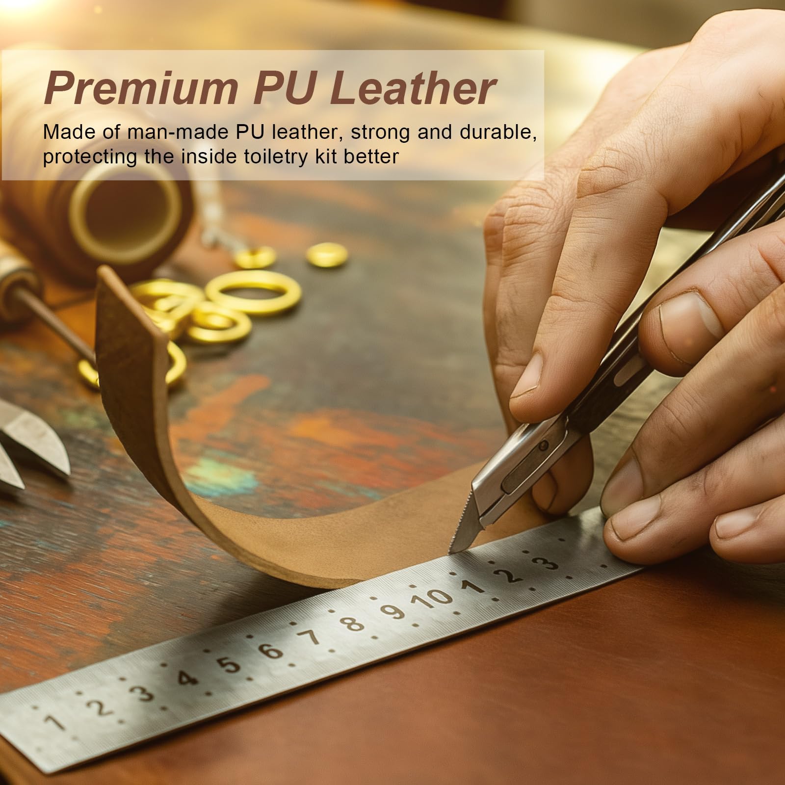 Ezday travel toiletry bag PU leather close-up shows premium texture and soft touch.