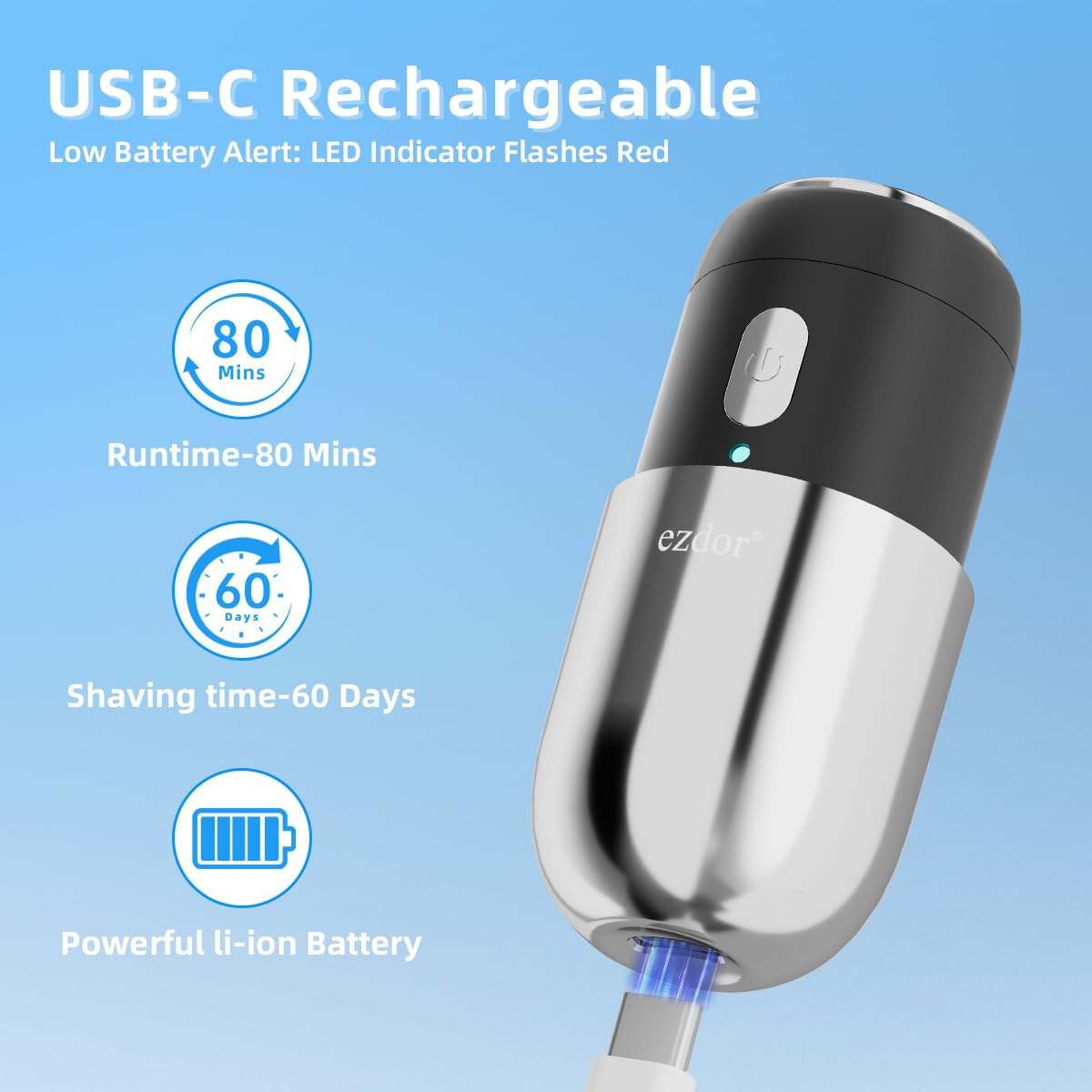 ezdor mini electric shaver USB-C charging port enables fast recharges