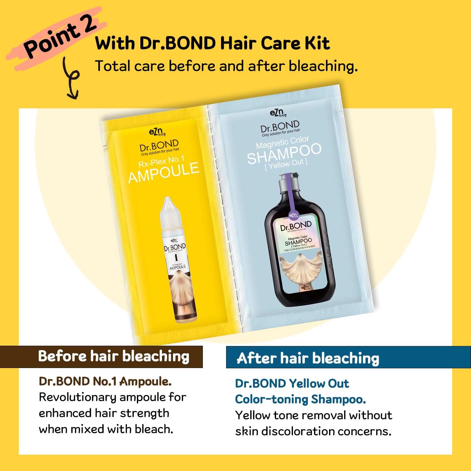 ezn toning shampoo dual pouch shows post-bleach ash-toning support.