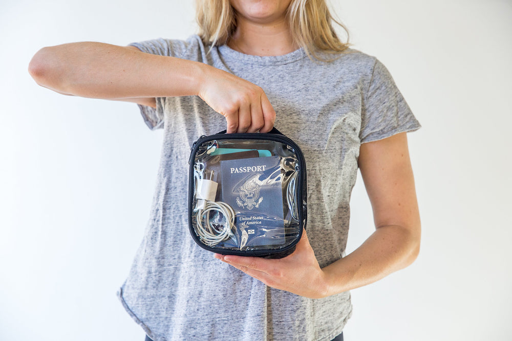 EzPacking see-through vinyl pouch holds electronics cables for organized travel.