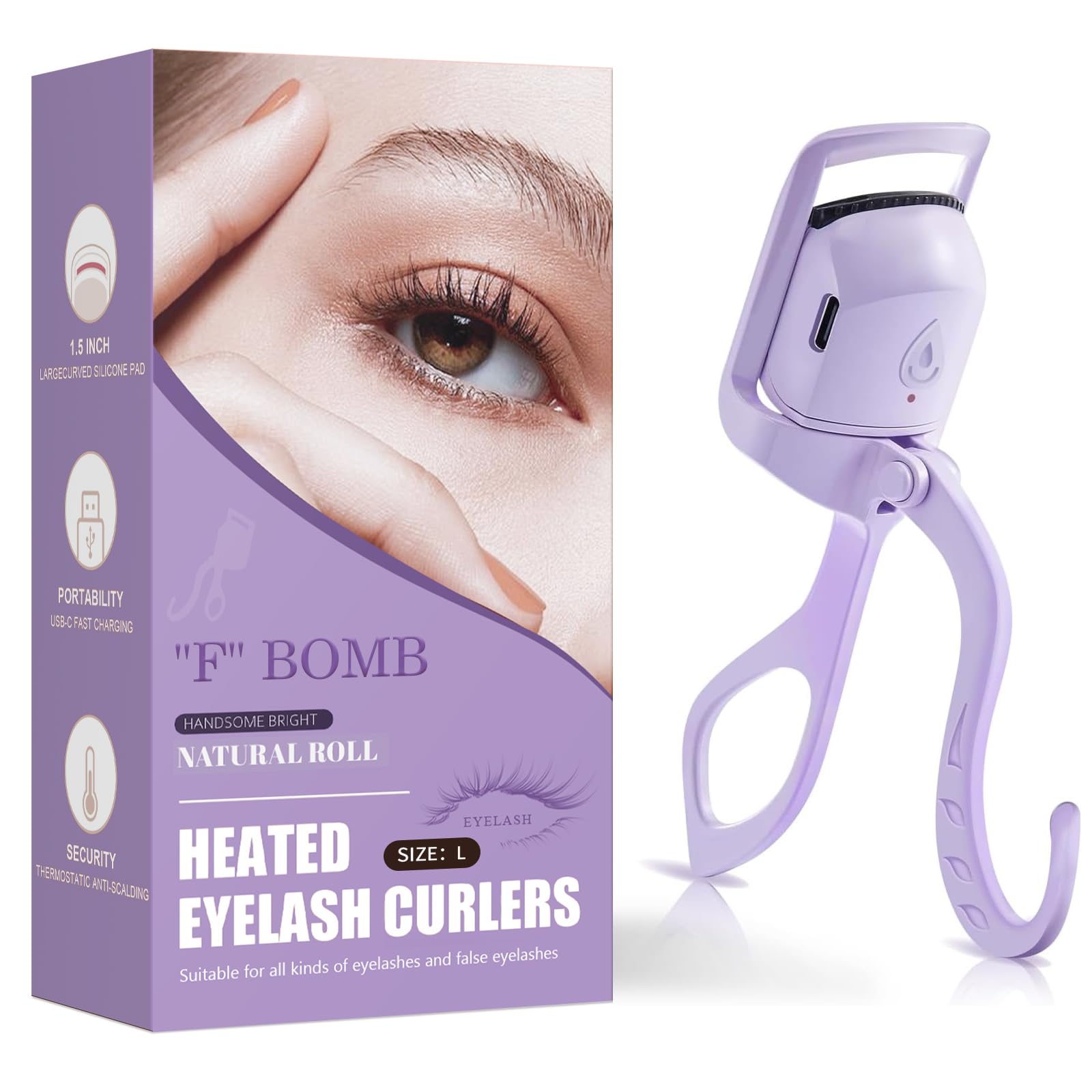 F BOMB C-shaped heated eyelash curler, front view, delivers quick heat for lasting curl.