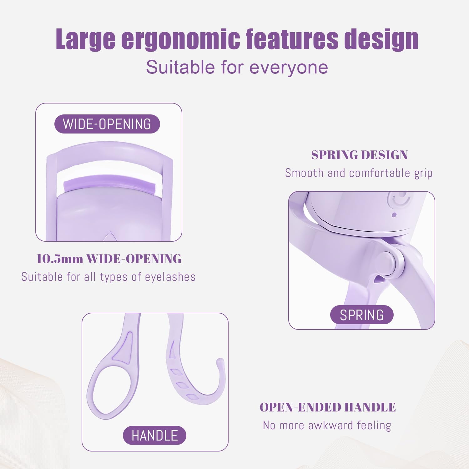 F BOMB C-shaped heated eyelash curler, side angle with ergonomic handle for comfortable control.