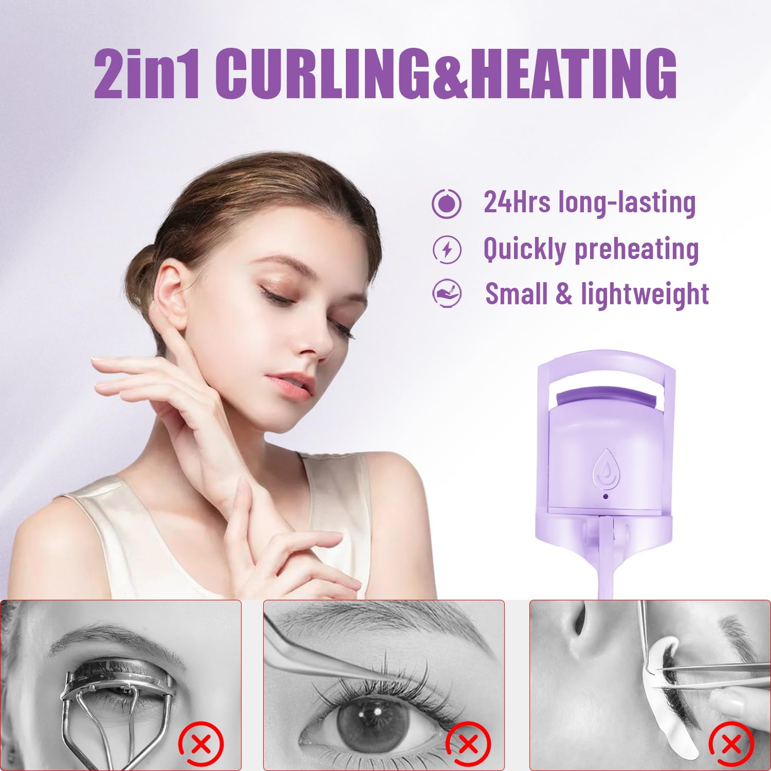 F BOMB curler shows silicone safety pad to protect eyelids and lashes.