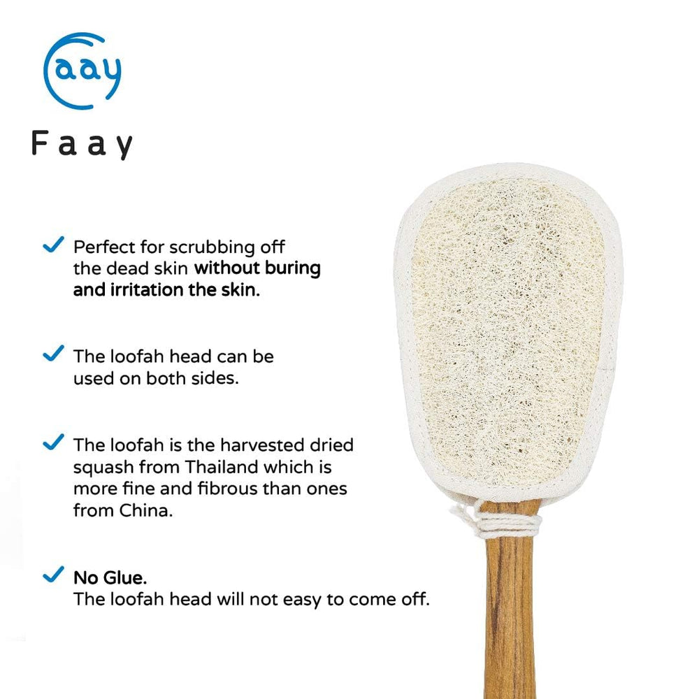 FAAY back scrubber with teak handle delivers comfortable reach during showers.