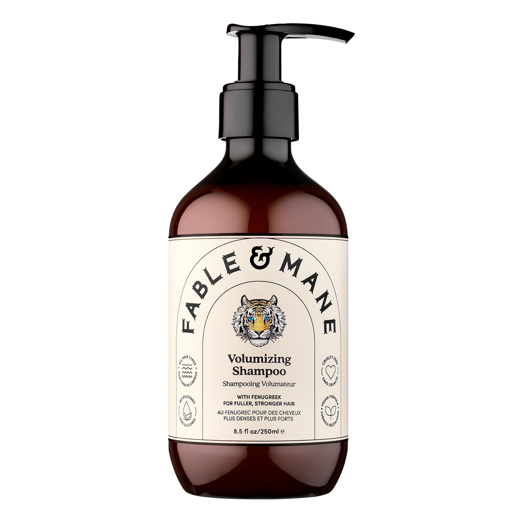 Fable & Mane Volumizing Shampoo bottle shows weightless volume for thinning hair.