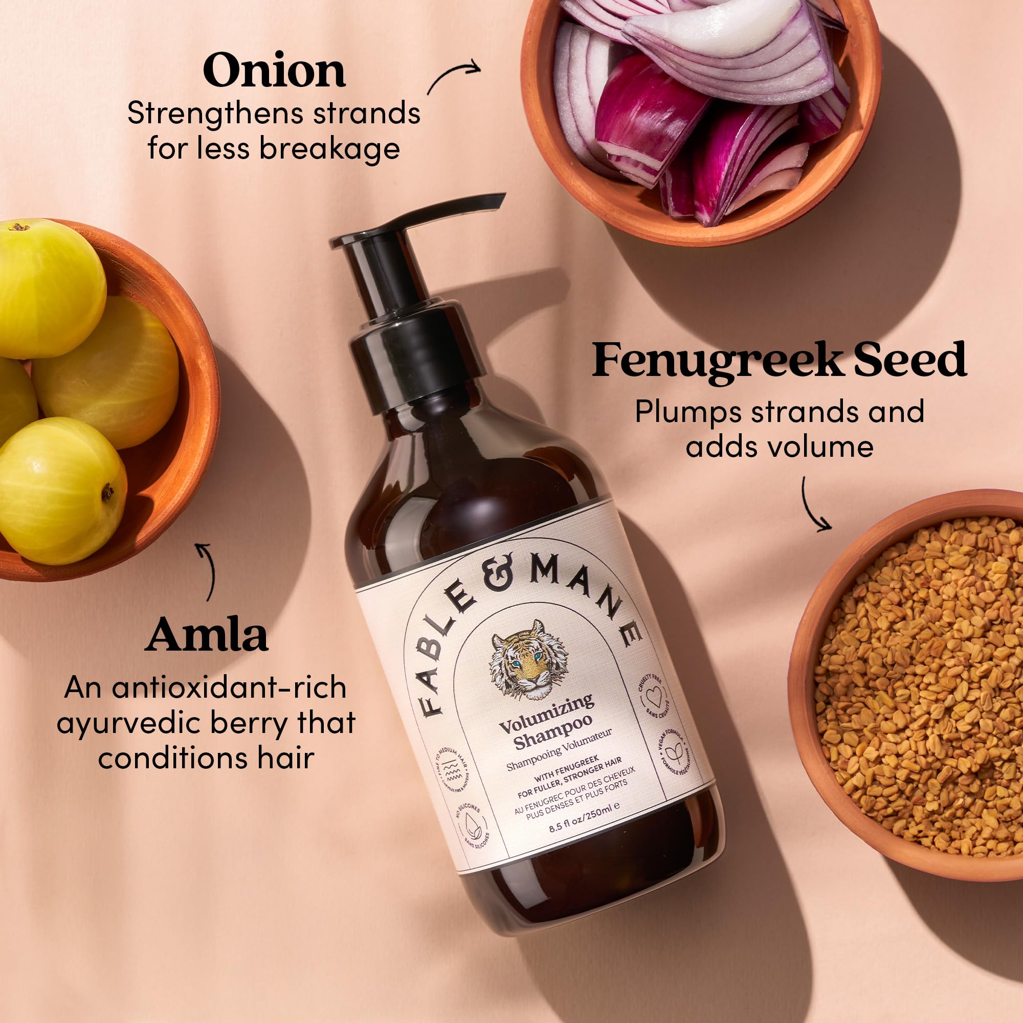Fable & Mane Volumizing Shampoo bottle with warm fragrance notes visual.