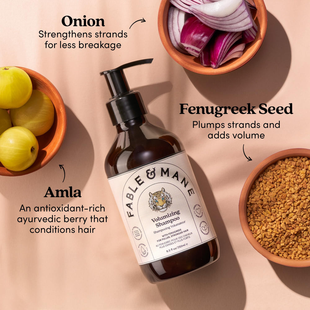 Fable & Mane Volumizing Shampoo bottle with warm fragrance notes visual.