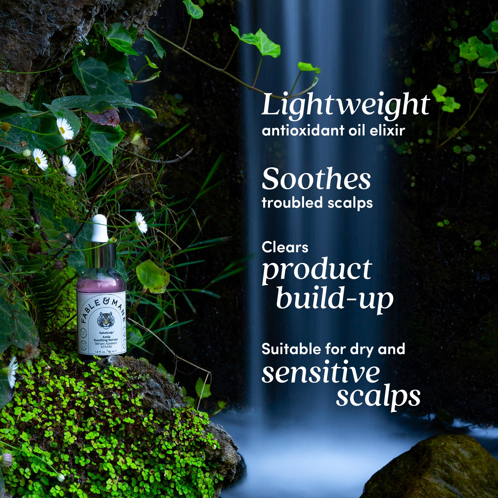 Fable & Mane amla serum dropper ready for targeted scalp soothing application