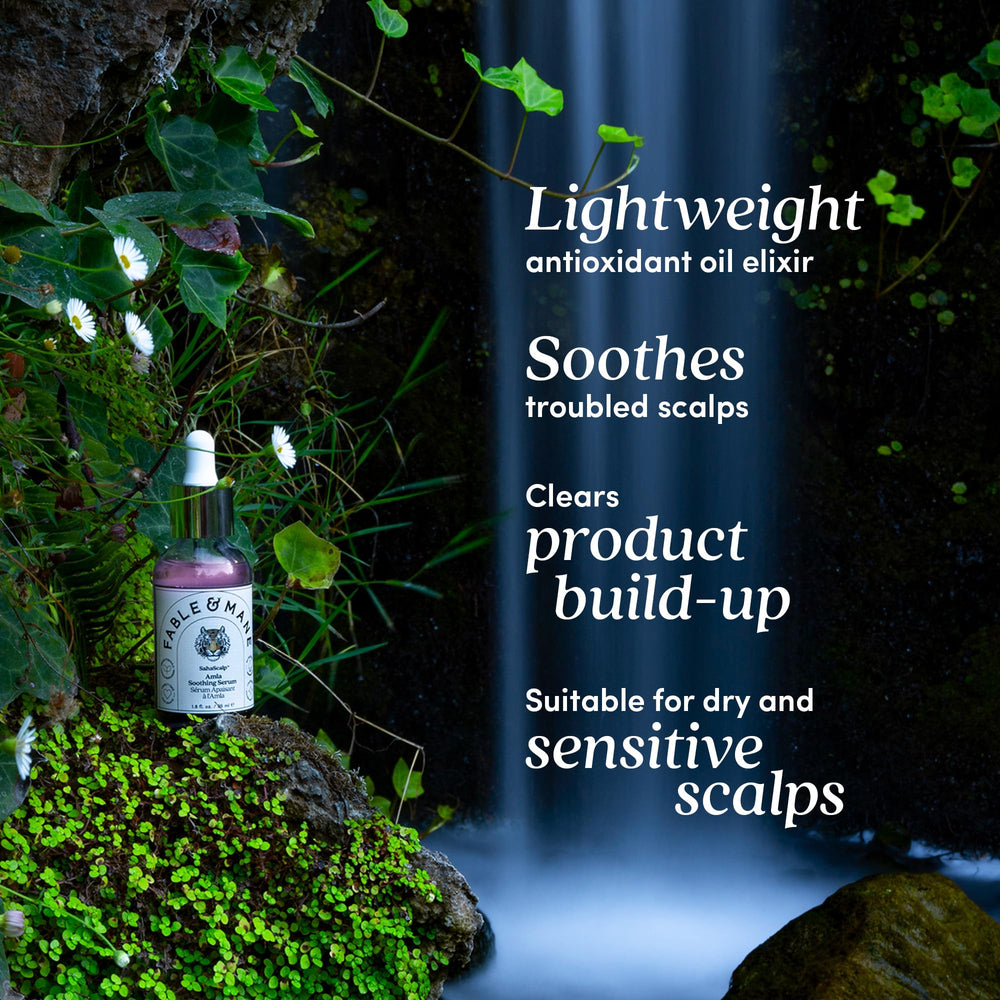Fable & Mane amla serum dropper ready for targeted scalp soothing application