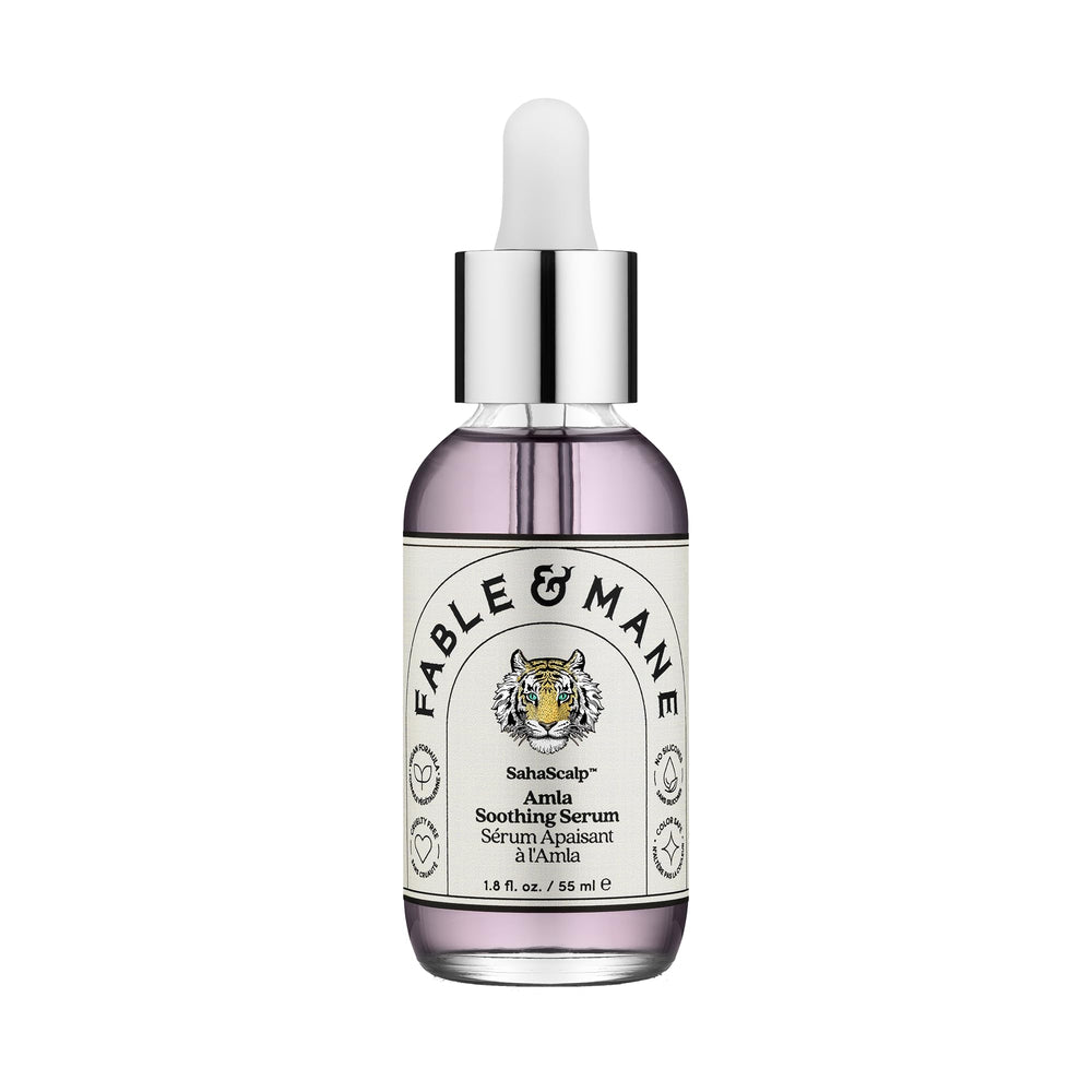 Fable & Mane amla soothing serum bottle showing pre-wash scalp nourishment for balance