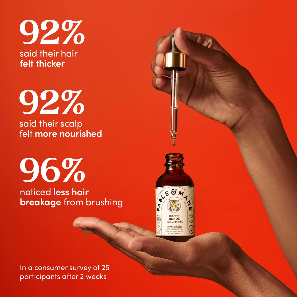 Fable & Mane HoliRoots castor oil droplets highlight rich conditioning.