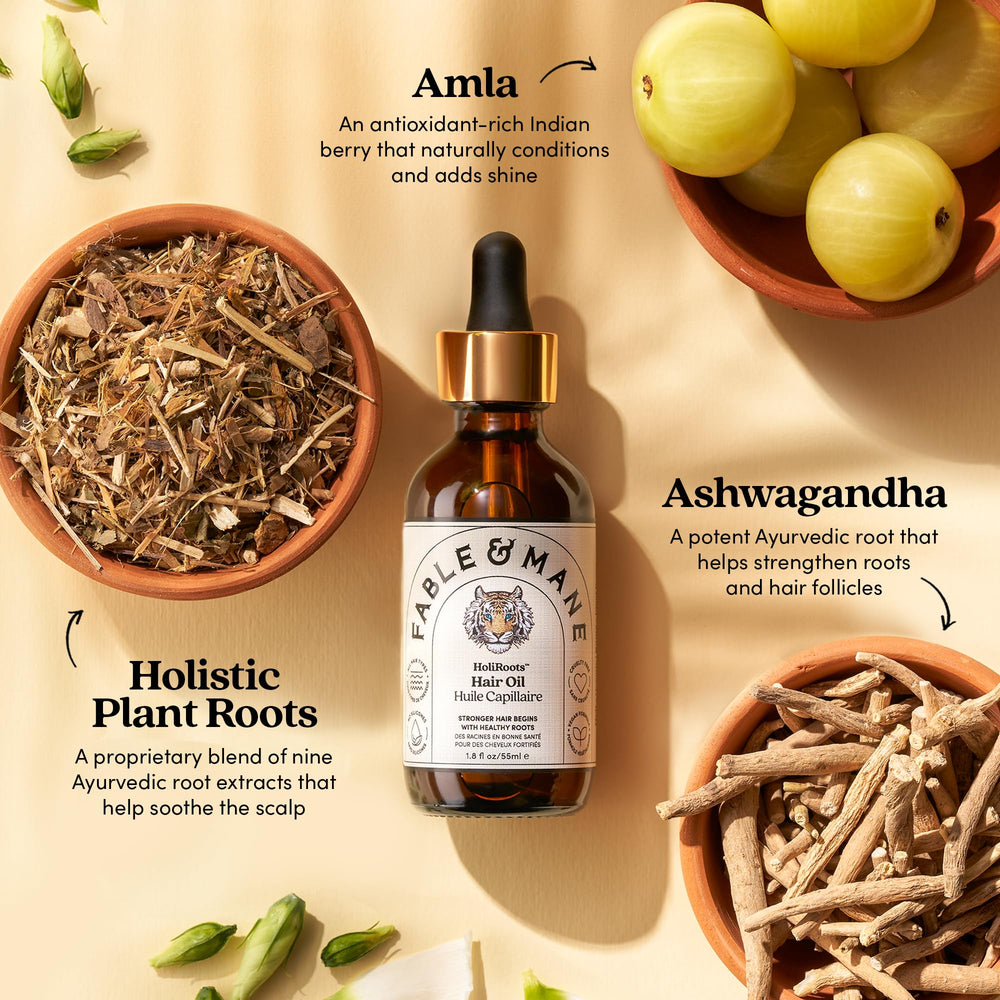 Fable & Mane HoliRoots scalp nourishment scene conveys calm ritual.