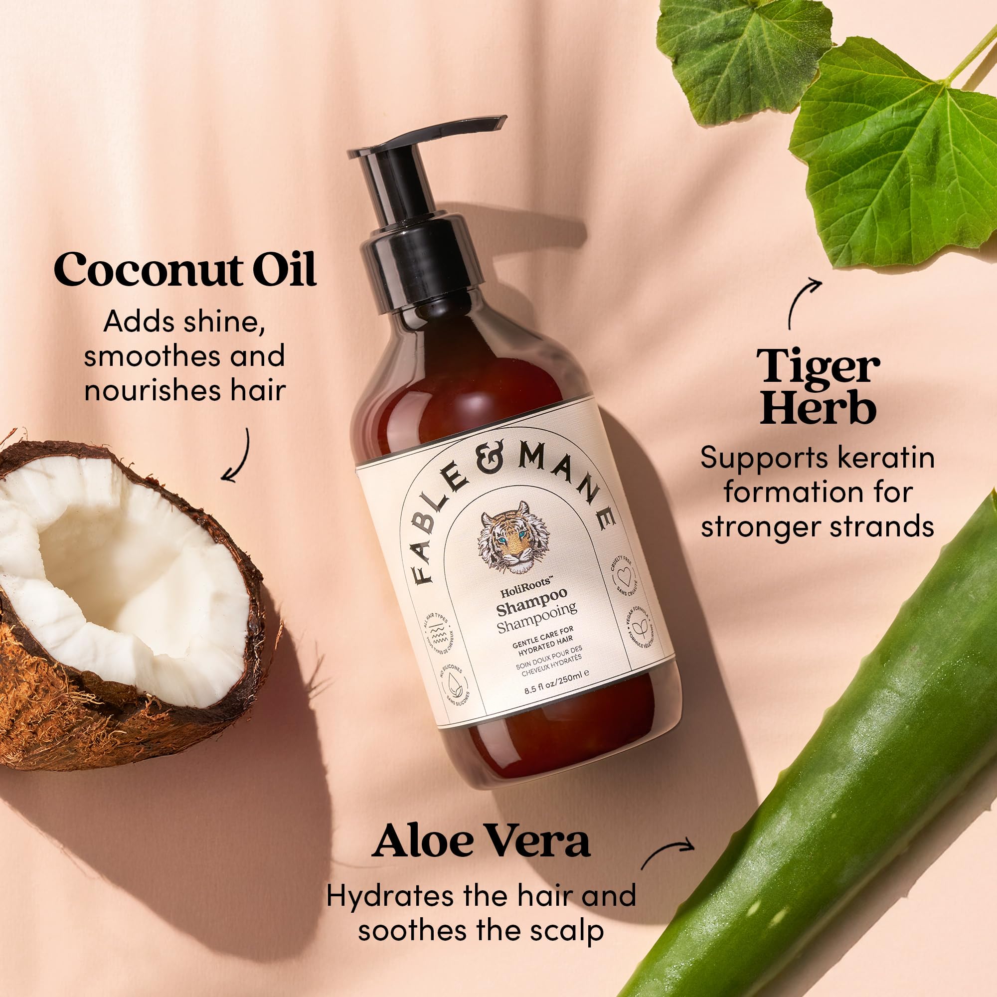 Fable & Mane Hydrating Shampoo vegan and cruelty-free badge on bottle.