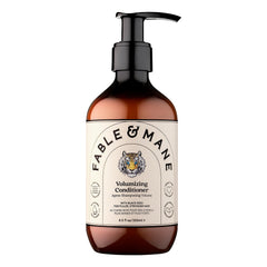 Fable & Mane volumizing conditioner bottle shows weightless volume for fine hair.