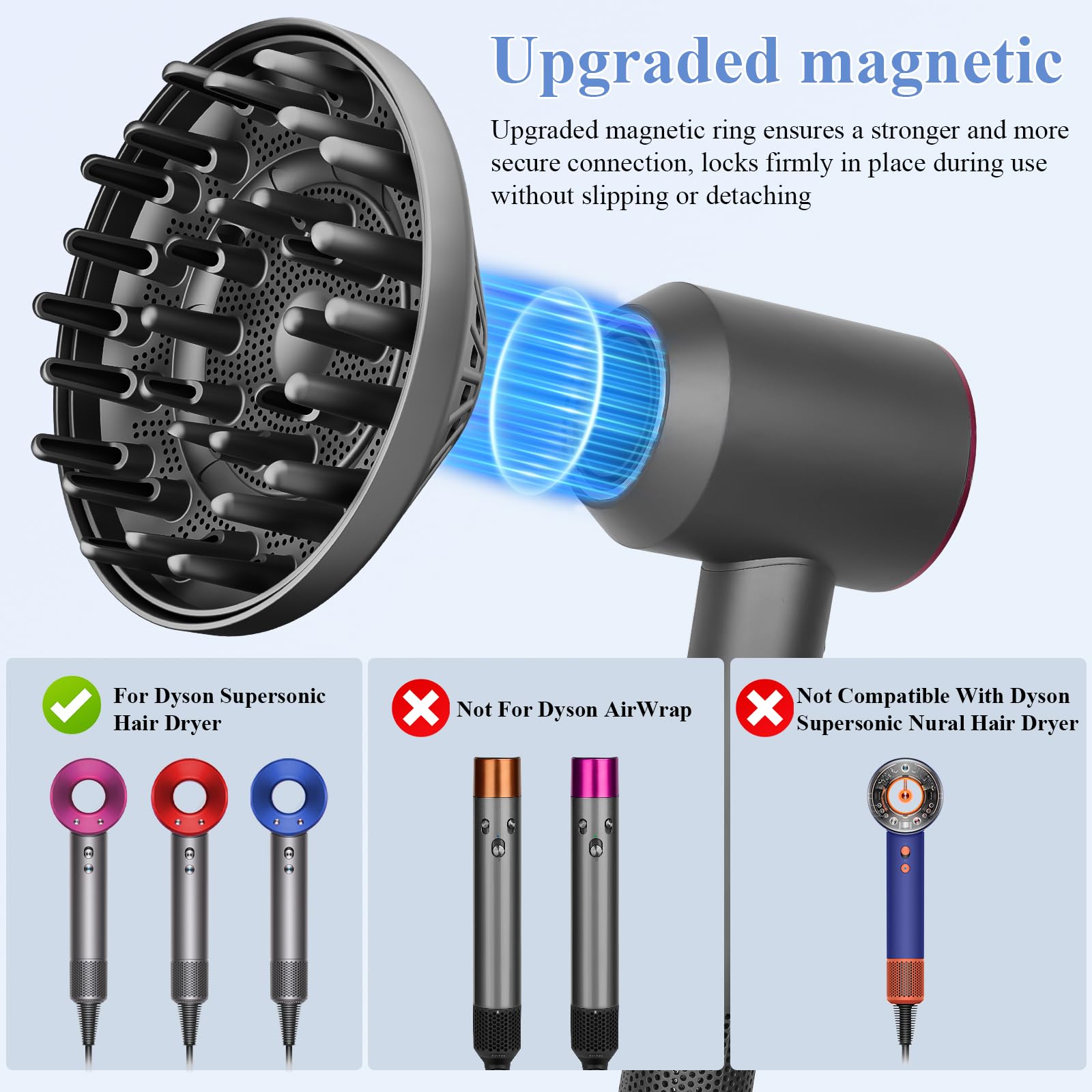 Fabmira diffuser magnetic connection ensures quick, secure attachment during styling.