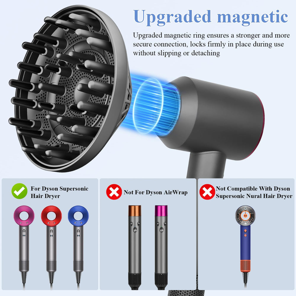 Fabmira diffuser magnetic connection ensures quick, secure attachment during styling.