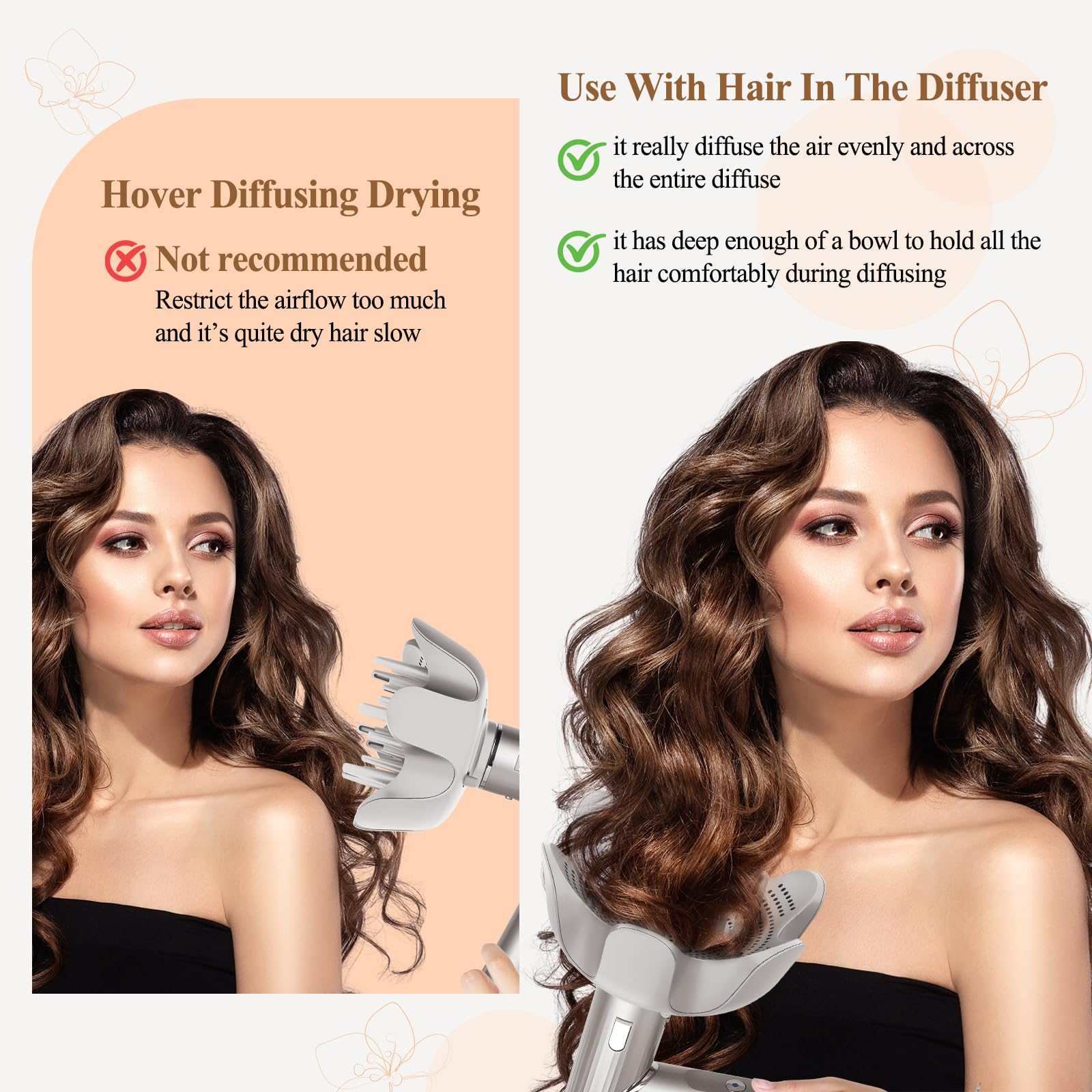 Fabmira diffuser head rotates for hard-to-reach angles, enabling easy styling and lift at roots.