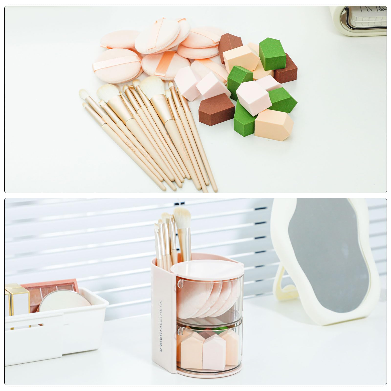 FABROK desktop organizer case fits on a vanity to save desk space.