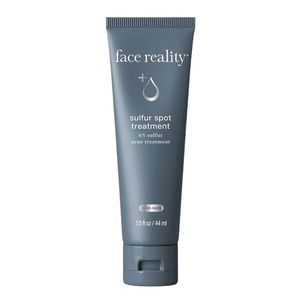 Face Reality Sulfur Spot Treatment tube demonstrates fast-acting acne spot care for calm skin.