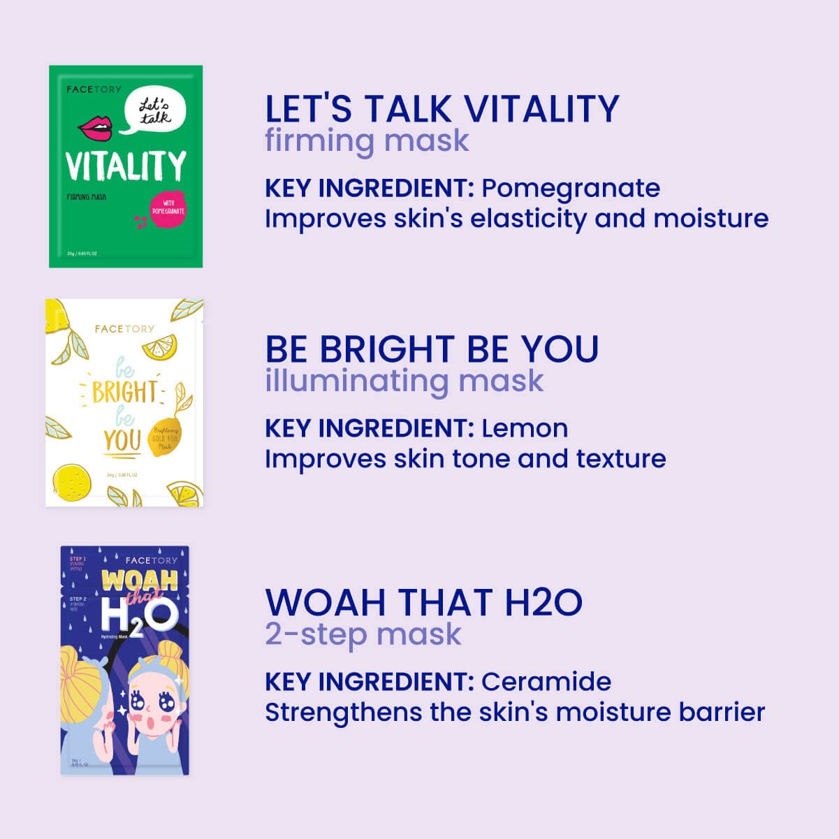 FACETORY Best of 7 Collection ingredient focus ceramide Aloe Vera Tea Tree for soothing care.