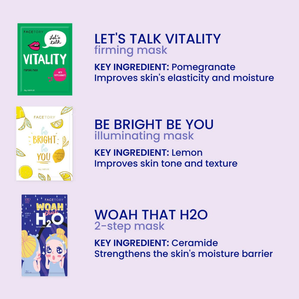 FACETORY Best of 7 Collection ingredient focus ceramide Aloe Vera Tea Tree for soothing care.