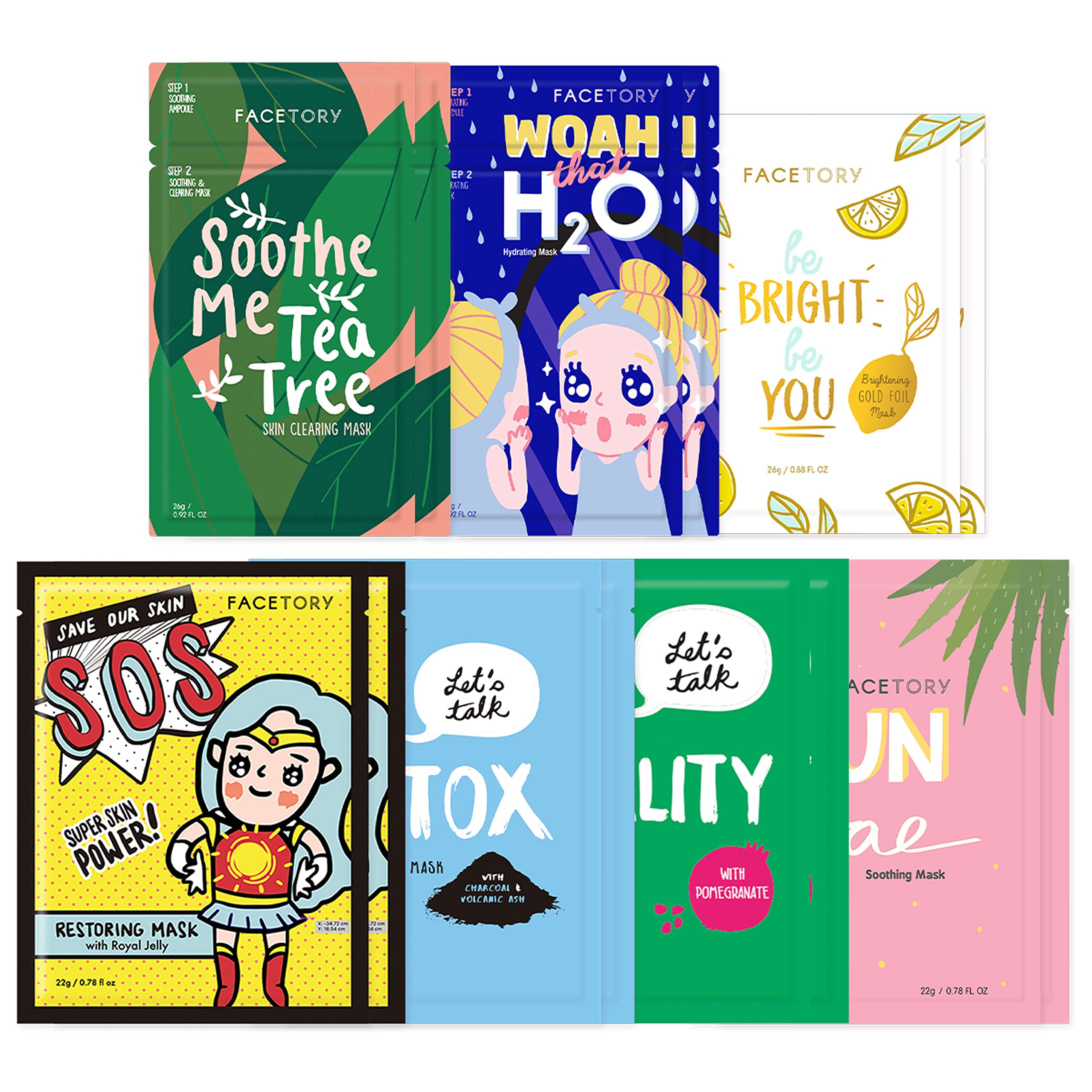 FACETORY Best of 7 Collection sheet masks closeup for hydration and calm skin routine.
