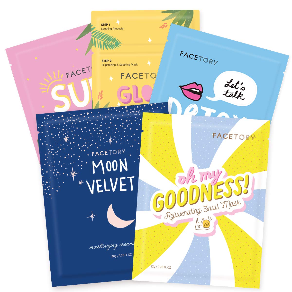 FACETORY Classic 5 Collection sheet masks unfolded for radiant hydration.