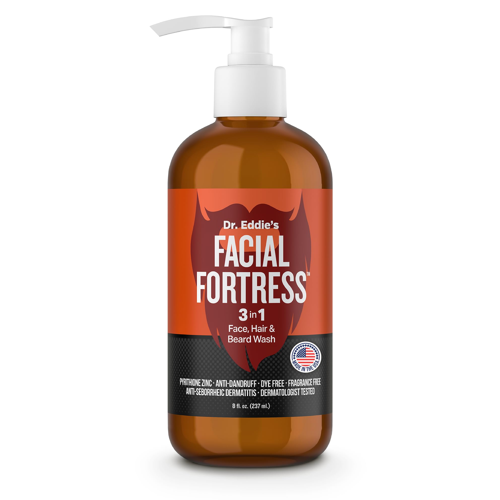Facial Fortress dr-eddies-3in1-face-hair-beard-wash-bottle demonstrates dandruff care.