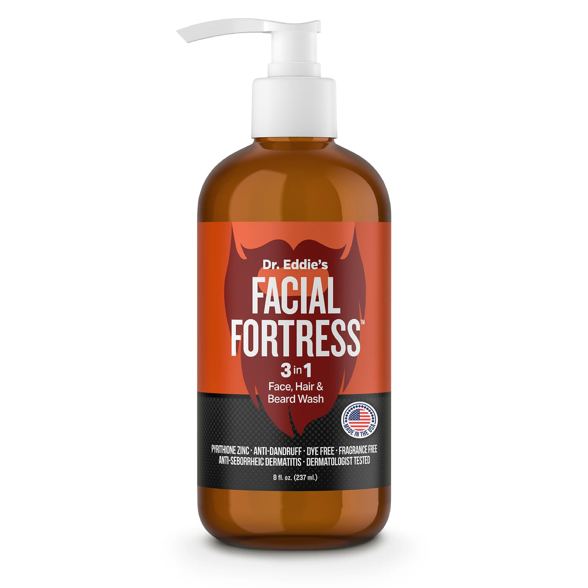 Facial Fortress dr-eddies-3in1-face-hair-beard-wash-bottle demonstrates dandruff care.