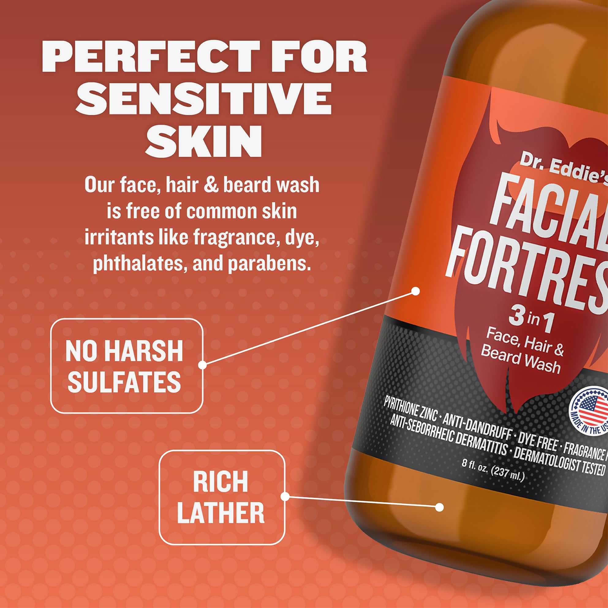Facial Fortress face-wash-pour shows fragrance-free formula for sensitive skin.