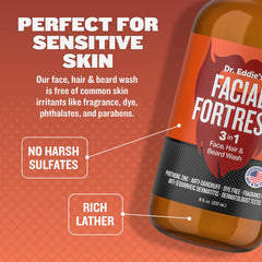 Facial Fortress face-wash-pour shows fragrance-free formula for sensitive skin.